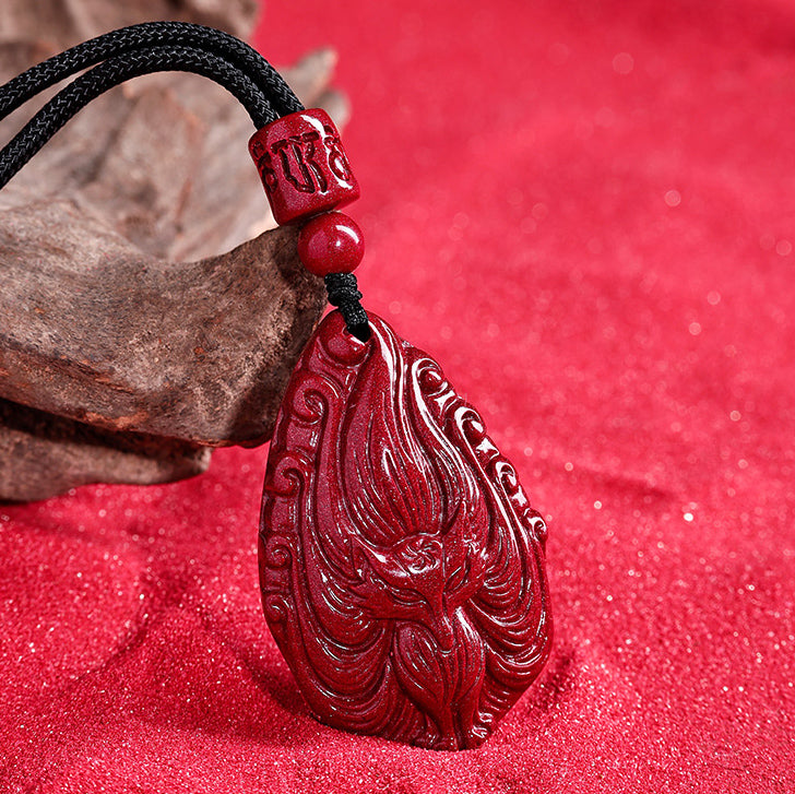 Cinnabar Nine-Tailed Fox Pendant Necklace – Talisman for Love, Luck, Prosperity, and Protection