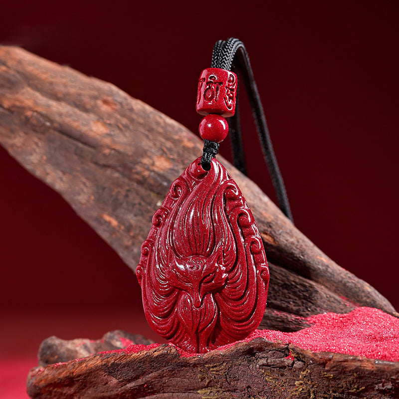 Cinnabar Nine-Tailed Fox Pendant Necklace – Talisman for Love, Luck, Prosperity, and Protection