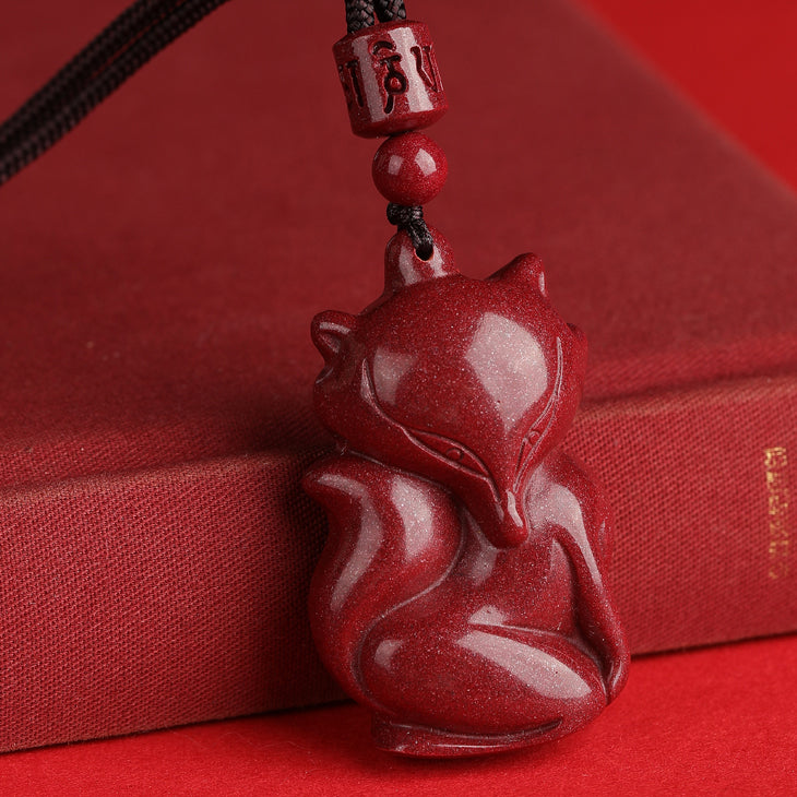 Cinnabar Nine-Tailed Fox Pendant Necklace ❀ – Talisman for Love, Luck, Prosperity, and Protection