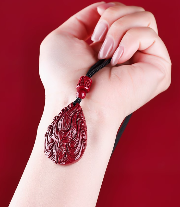 Cinnabar Nine-Tailed Fox Pendant Necklace – Talisman for Love, Luck, Prosperity, and Protection