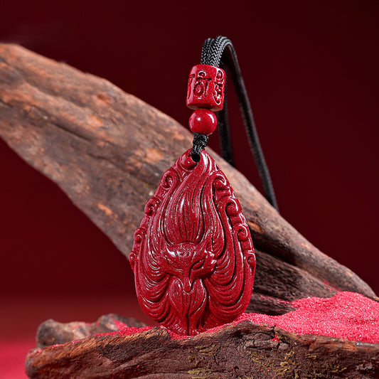 Cinnabar Nine-Tailed Fox Pendant Necklace – Talisman for Love, Luck, Prosperity, and Protection