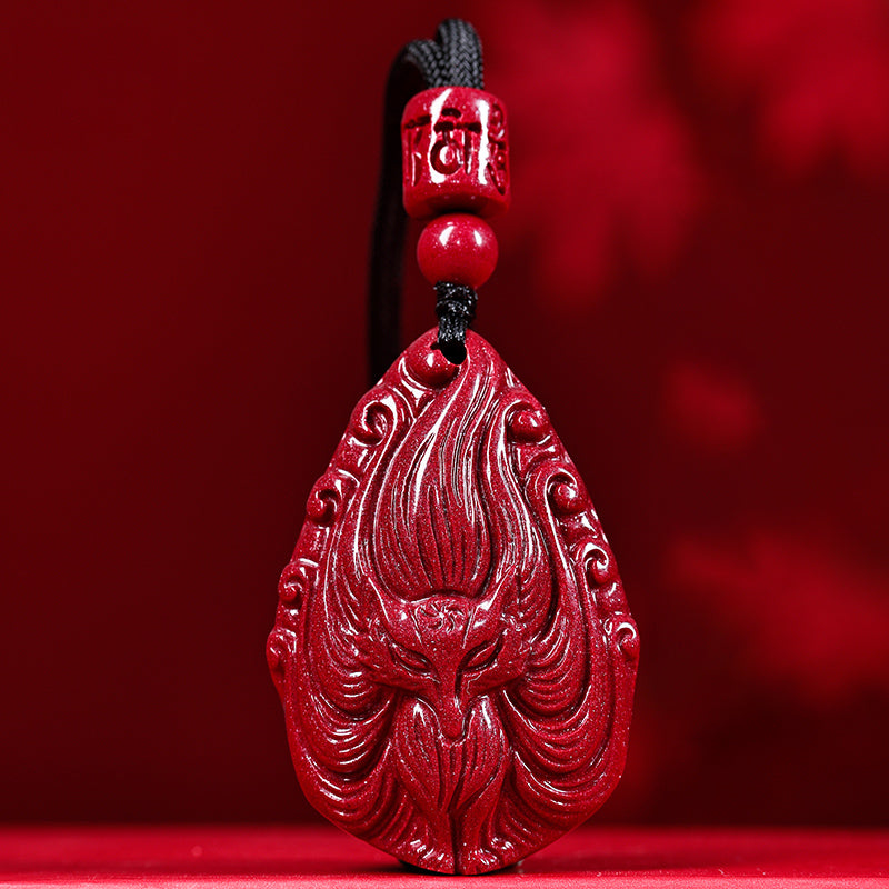 Cinnabar Nine-Tailed Fox Pendant Necklace – Talisman for Love, Luck, Prosperity, and Protection