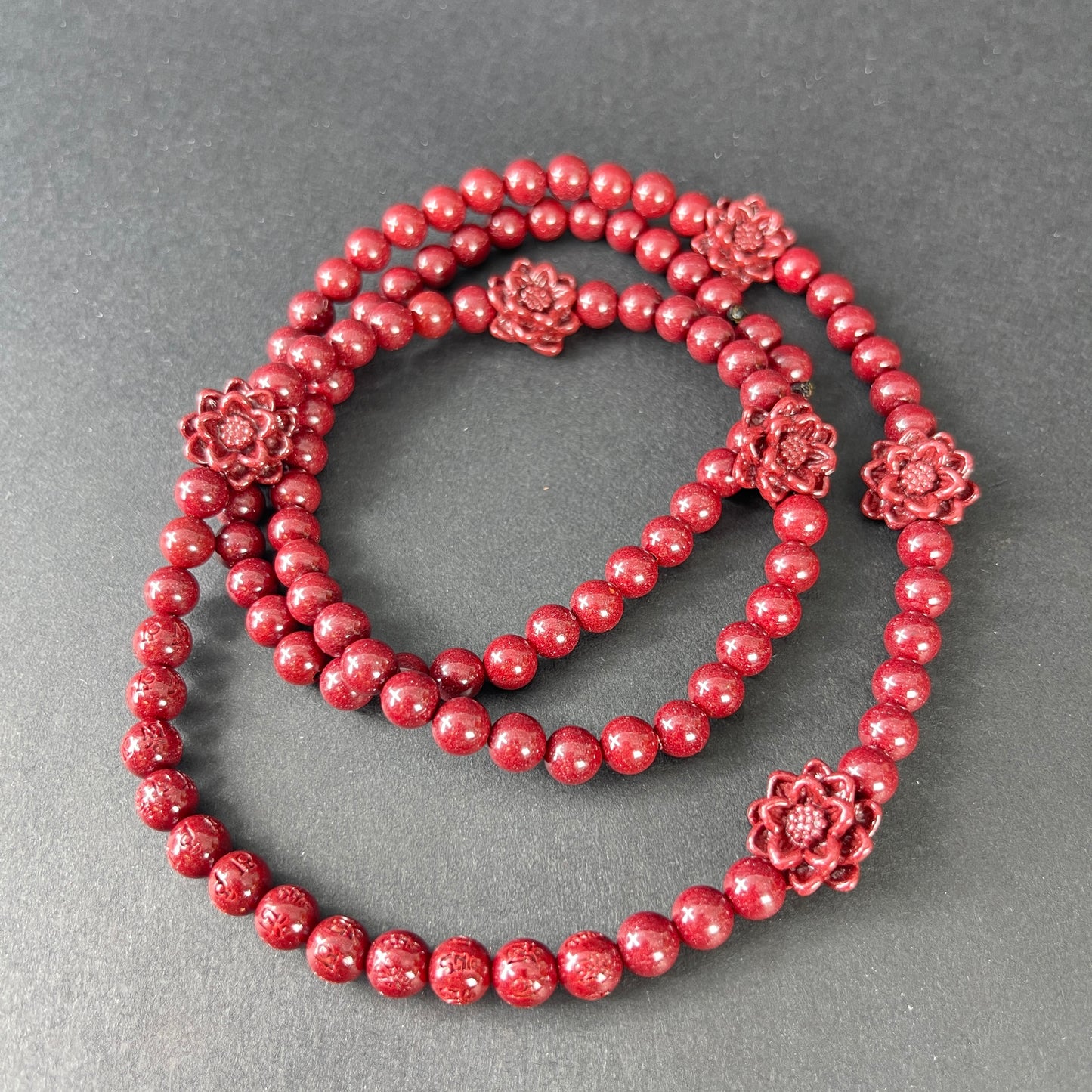 108 Beads Cinnabar Necklace with 6 Lotus Accents – Spiritual Mala for Peace, Protection & Prosperity