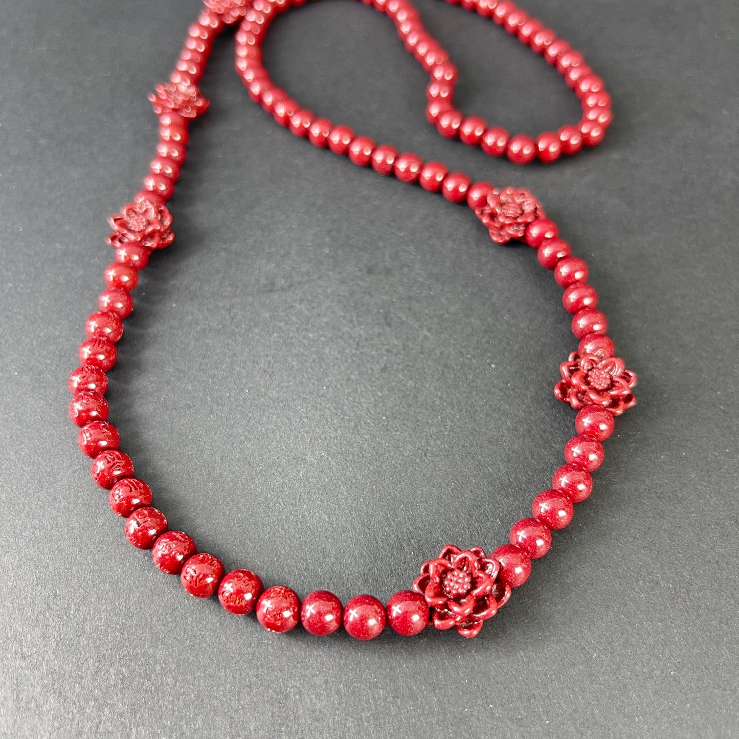 108 Beads Cinnabar Necklace with 6 Lotus Accents – Spiritual Mala for Peace, Protection & Prosperity