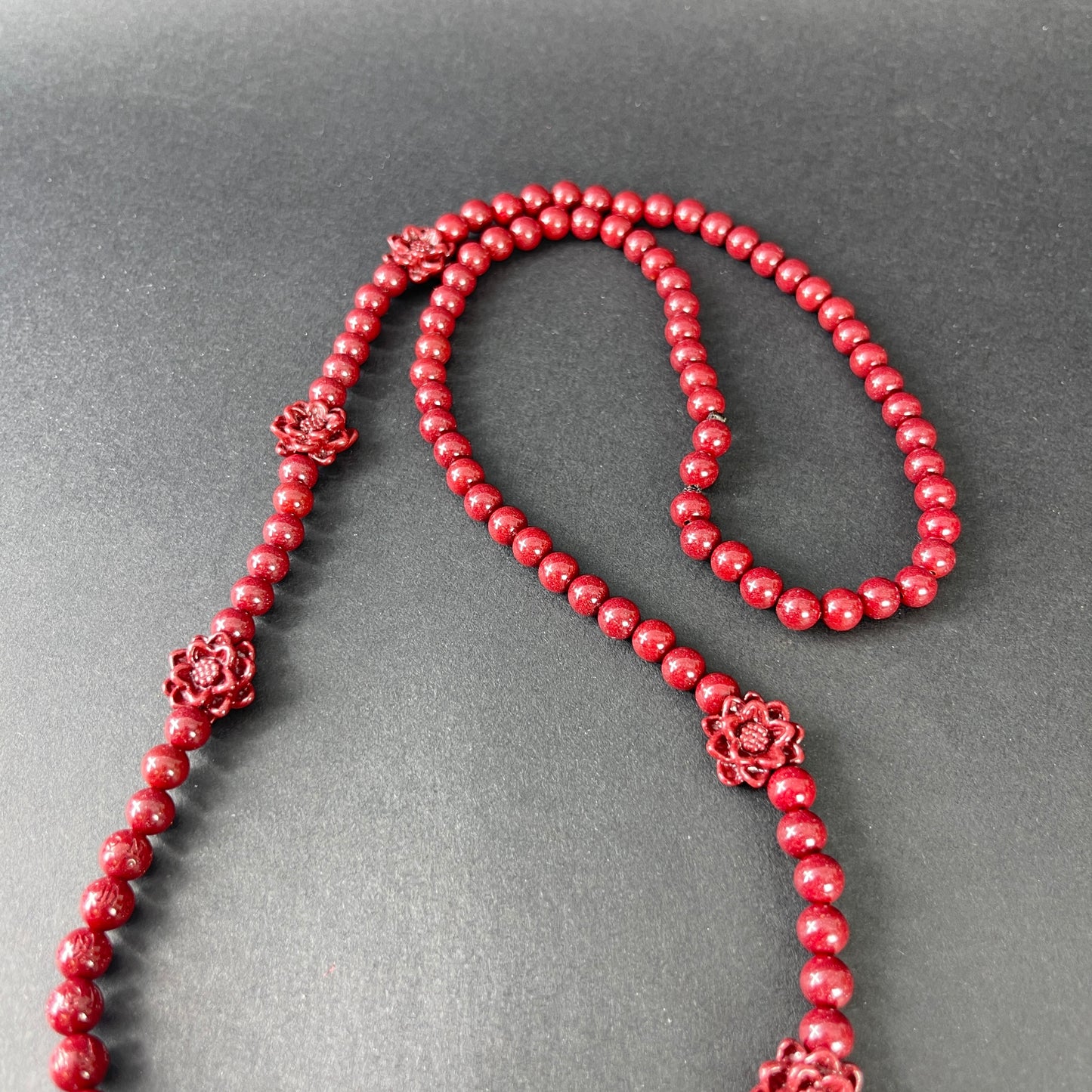 108 Beads Cinnabar Necklace with 6 Lotus Accents – Spiritual Mala for Peace, Protection & Prosperity