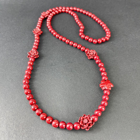 108 Beads Cinnabar Necklace with 6 Lotus Accents – Spiritual Mala for Peace, Protection & Prosperity