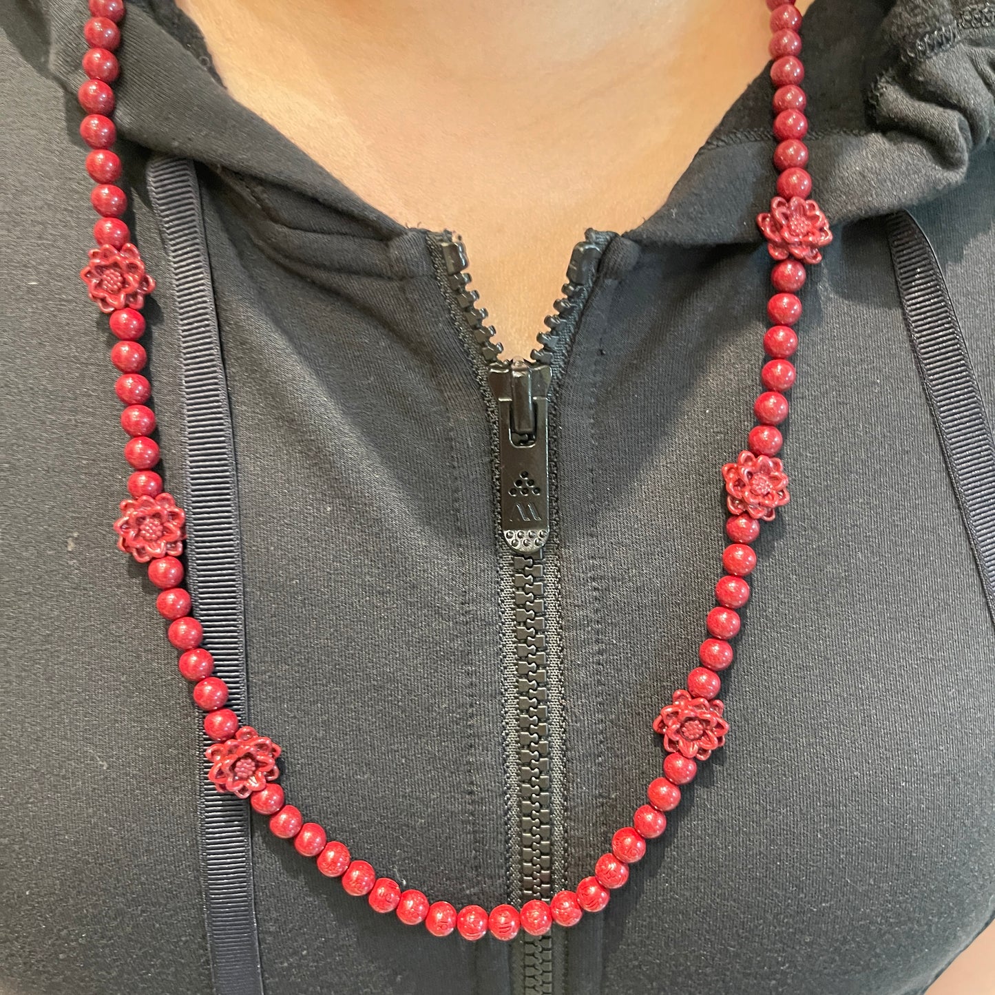 108 Beads Cinnabar Necklace with 6 Lotus Accents – Spiritual Mala for Peace, Protection & Prosperity