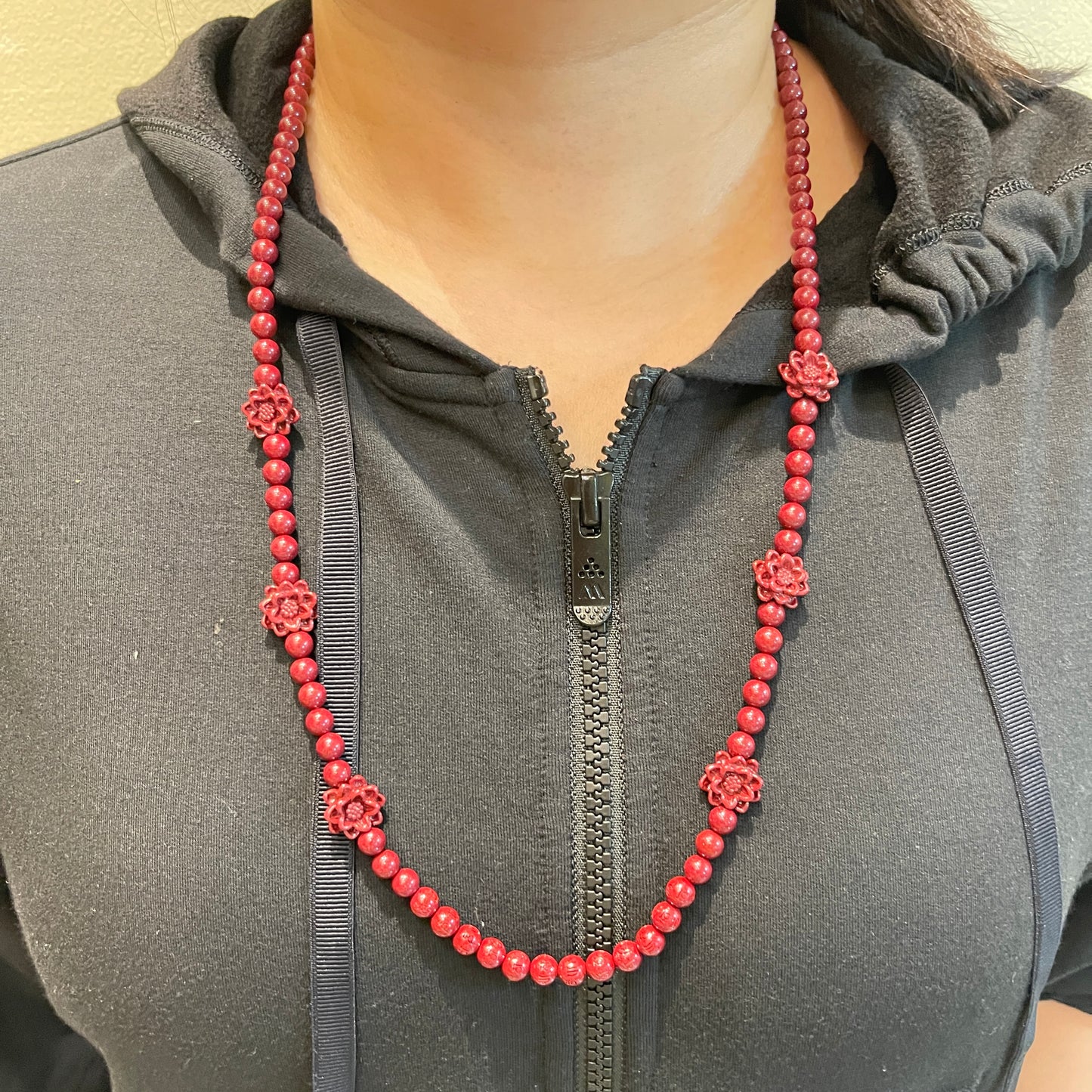 108 Beads Cinnabar Necklace with 6 Lotus Accents – Spiritual Mala for Peace, Protection & Prosperity
