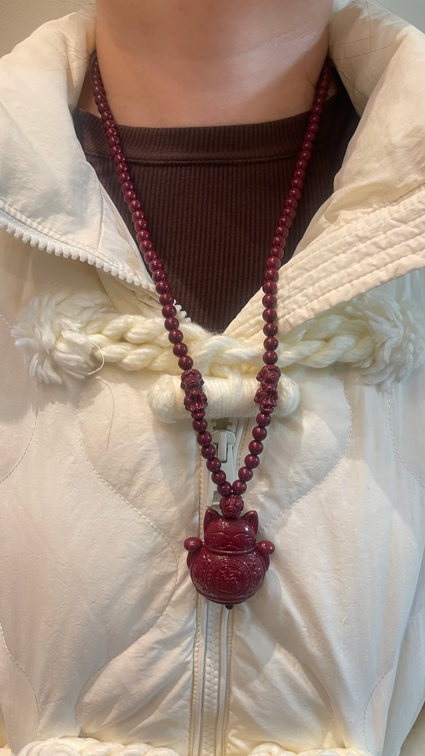 108 Beads Cinnabar Necklace with Maneki Neko Pendant – Spiritual Lucky Charm for Prosperity, Protection & Positive Energy