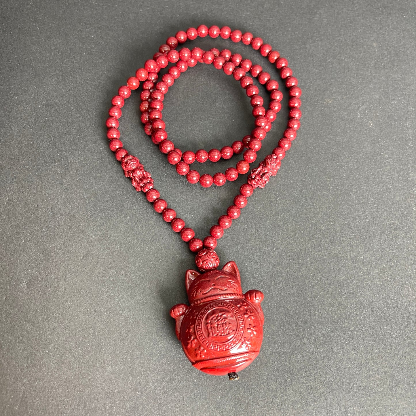 108 Beads Cinnabar Necklace with Maneki Neko Pendant – Spiritual Lucky Charm for Prosperity, Protection & Positive Energy