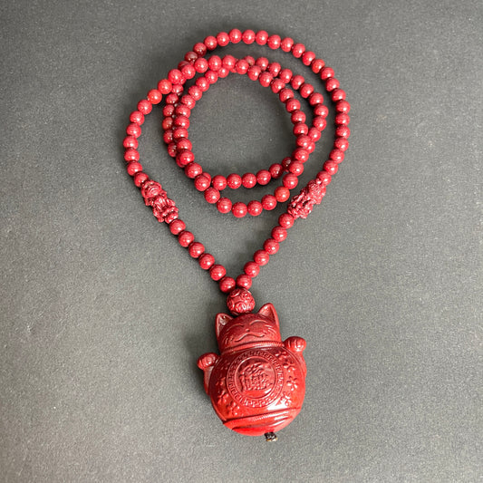 108 Beads Cinnabar Necklace with Maneki Neko Pendant – Spiritual Lucky Charm for Prosperity, Protection & Positive Energy