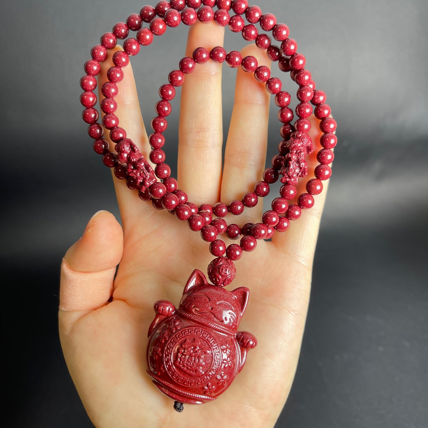 108 Beads Cinnabar Necklace with Maneki Neko Pendant – Spiritual Lucky Charm for Prosperity, Protection & Positive Energy