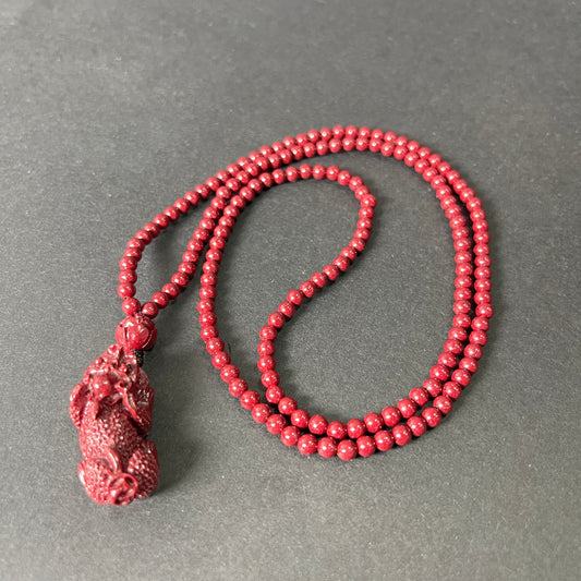 108 Beads Cinnabar Necklace with Pixiu Pendant – Wealth Guardian Mala for Prosperity, Protection & Positive Energy