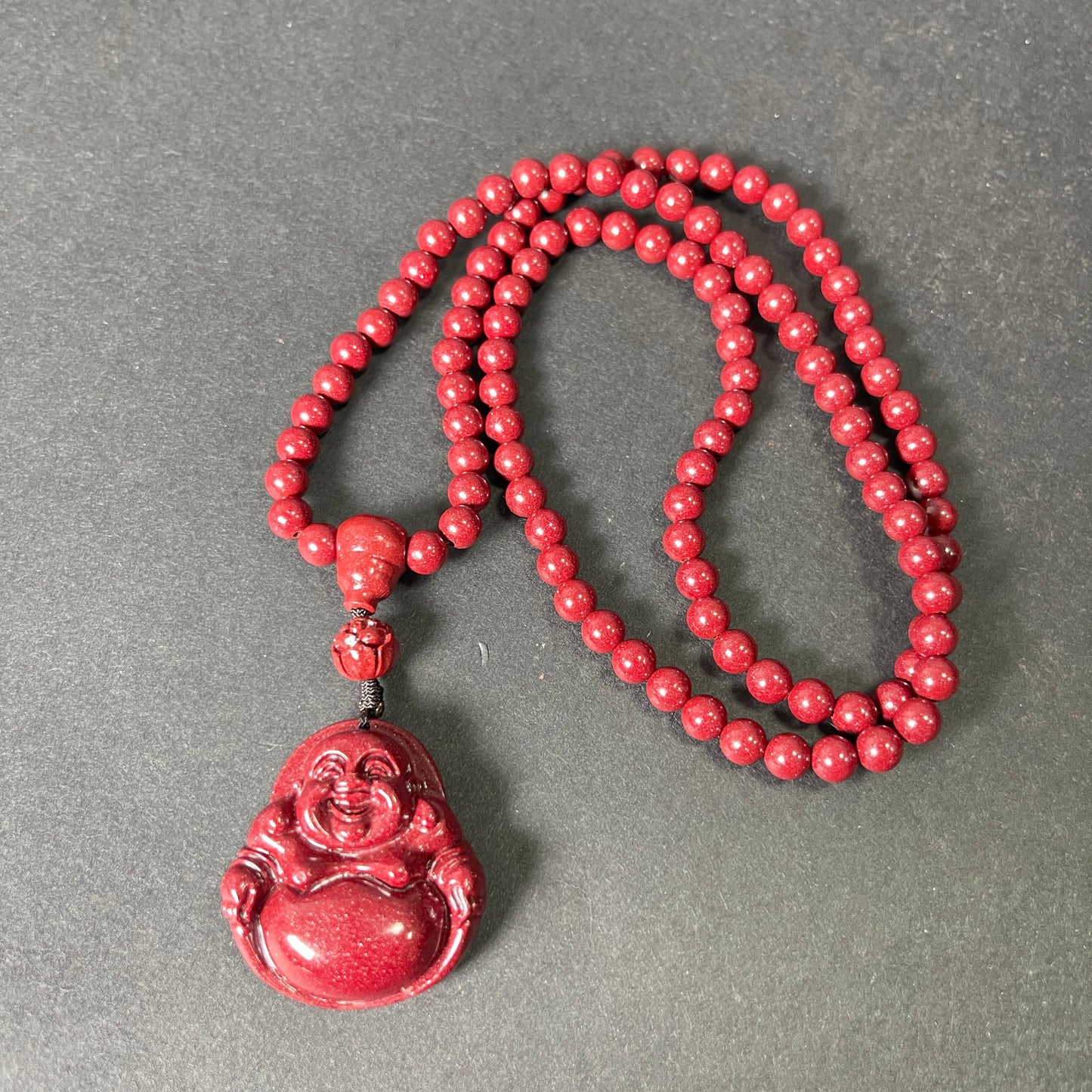 108 Cinnabar Mala Rosary Necklace with Laughing Buddha | Mindful Practice & Joyful Protection