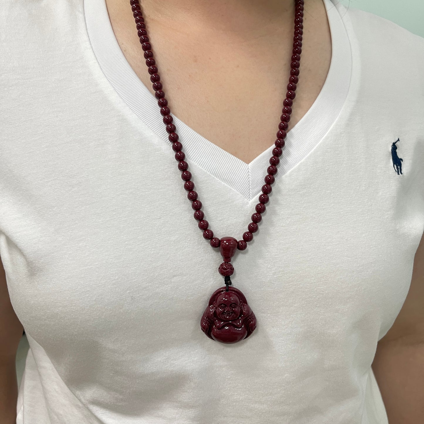 108 Cinnabar Mala Rosary Necklace with Laughing Buddha | Mindful Practice & Joyful Protection