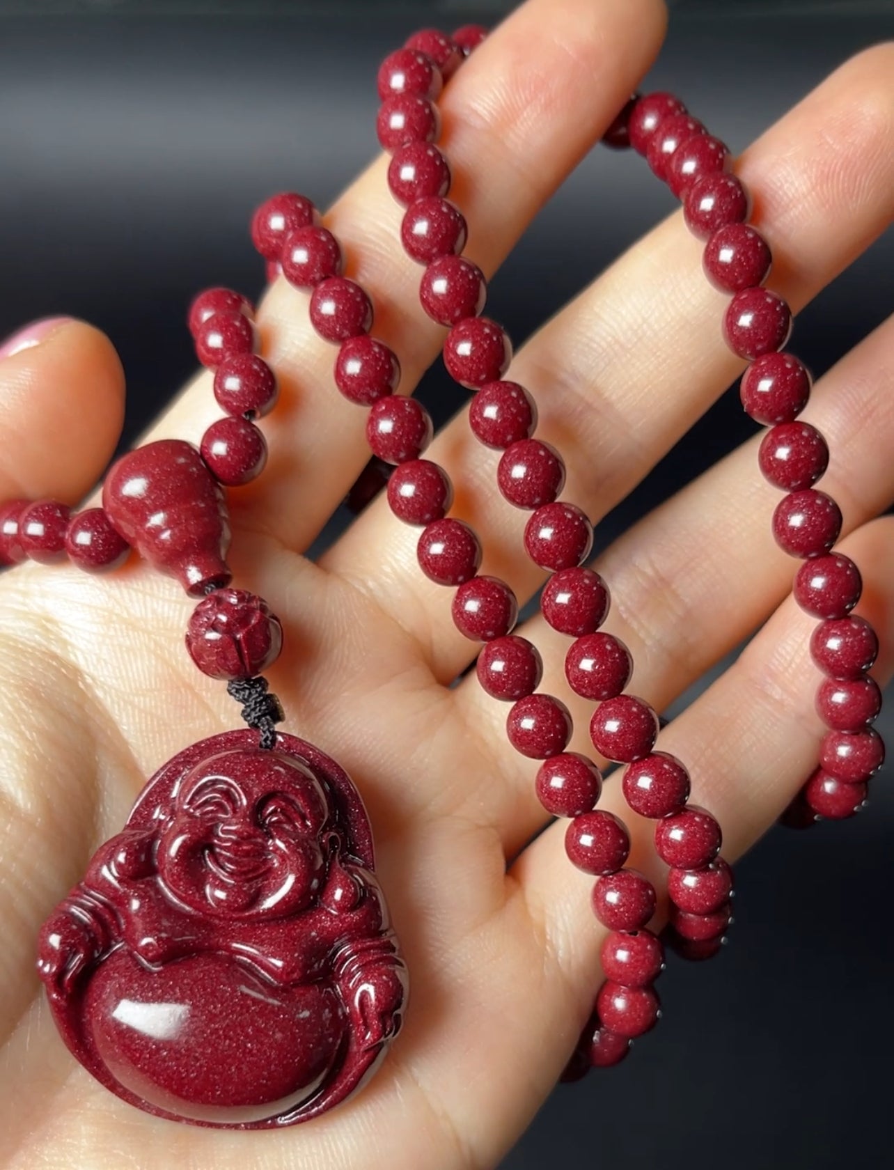108 Cinnabar Mala Rosary Necklace with Laughing Buddha | Mindful Practice & Joyful Protection