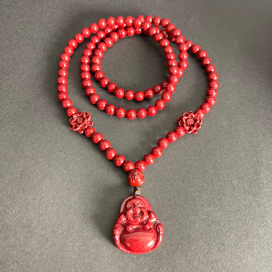 108 Cinnabar Mala Rosary Necklace with Laughing Buddha | Mindful Practice & Joyful Protection