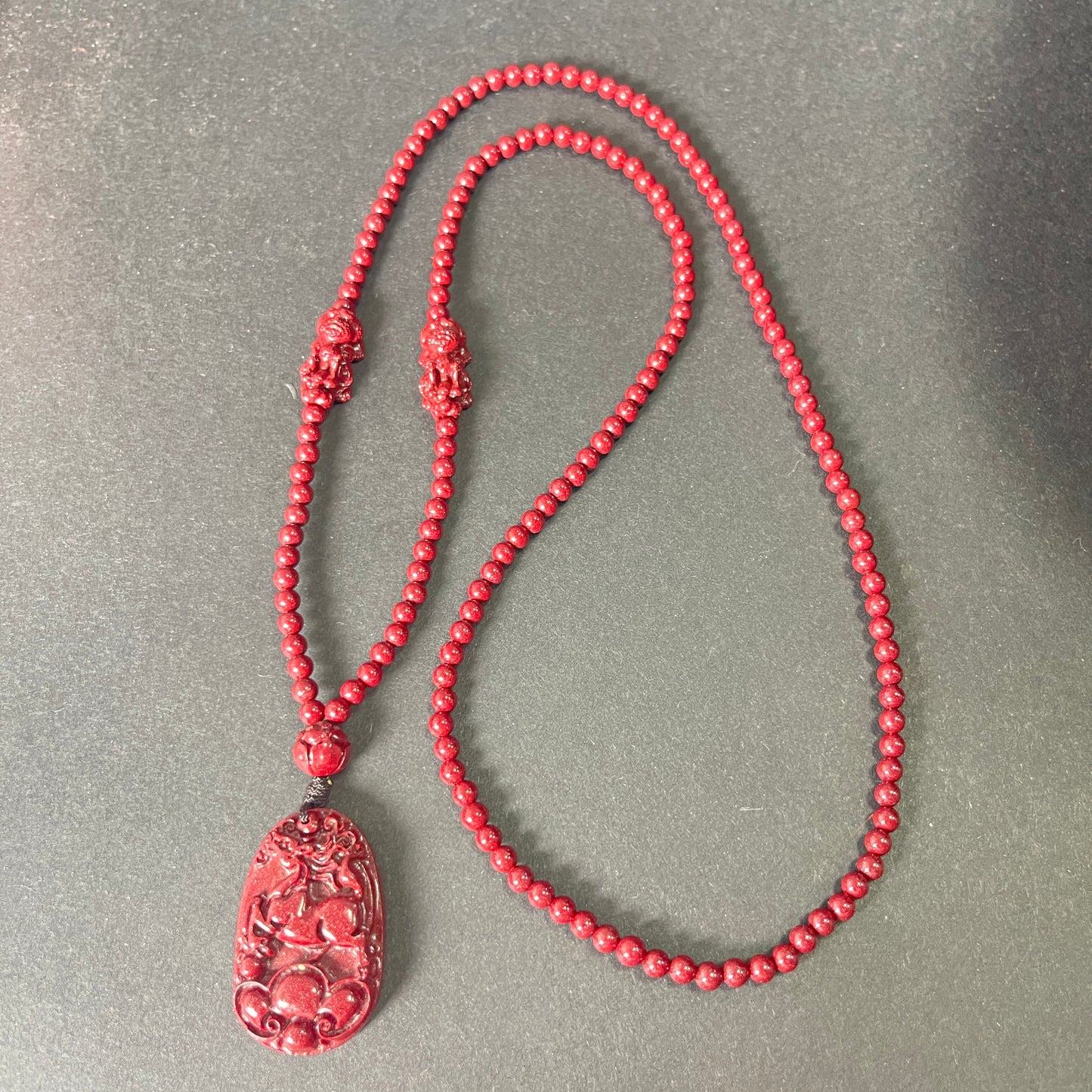 108 Cinnabar Mala Rosary with Guardian Animal Pendant - Personalized Meditation Necklace for Protection & Spiritual Growth