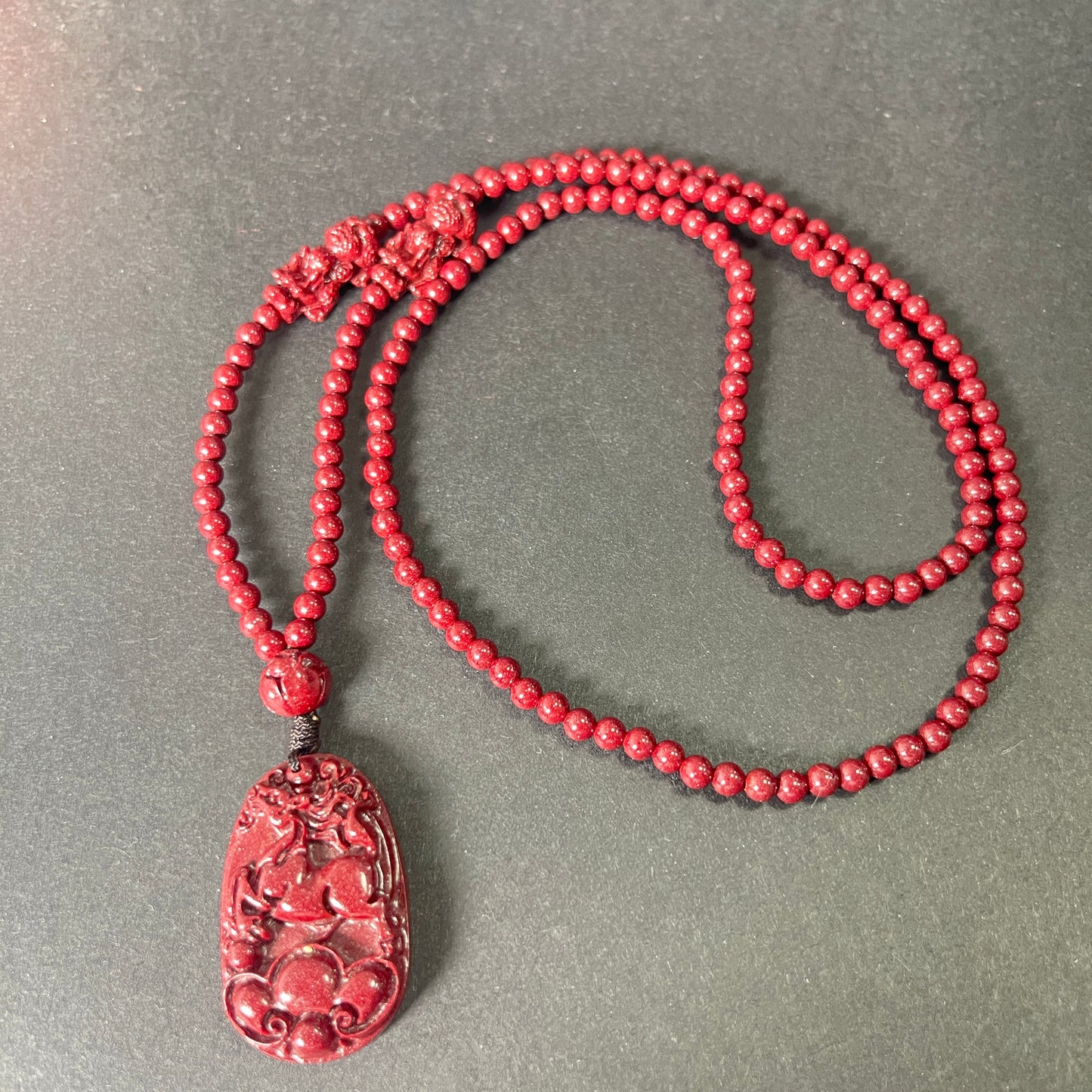 108 Cinnabar Mala Rosary with Guardian Animal Pendant - Personalized Meditation Necklace for Protection & Spiritual Growth