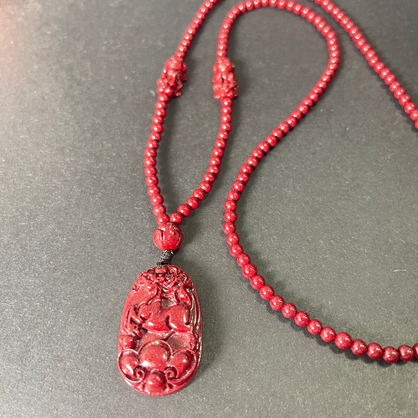 108 Cinnabar Mala Rosary with Guardian Animal Pendant - Personalized Meditation Necklace for Protection & Spiritual Growth