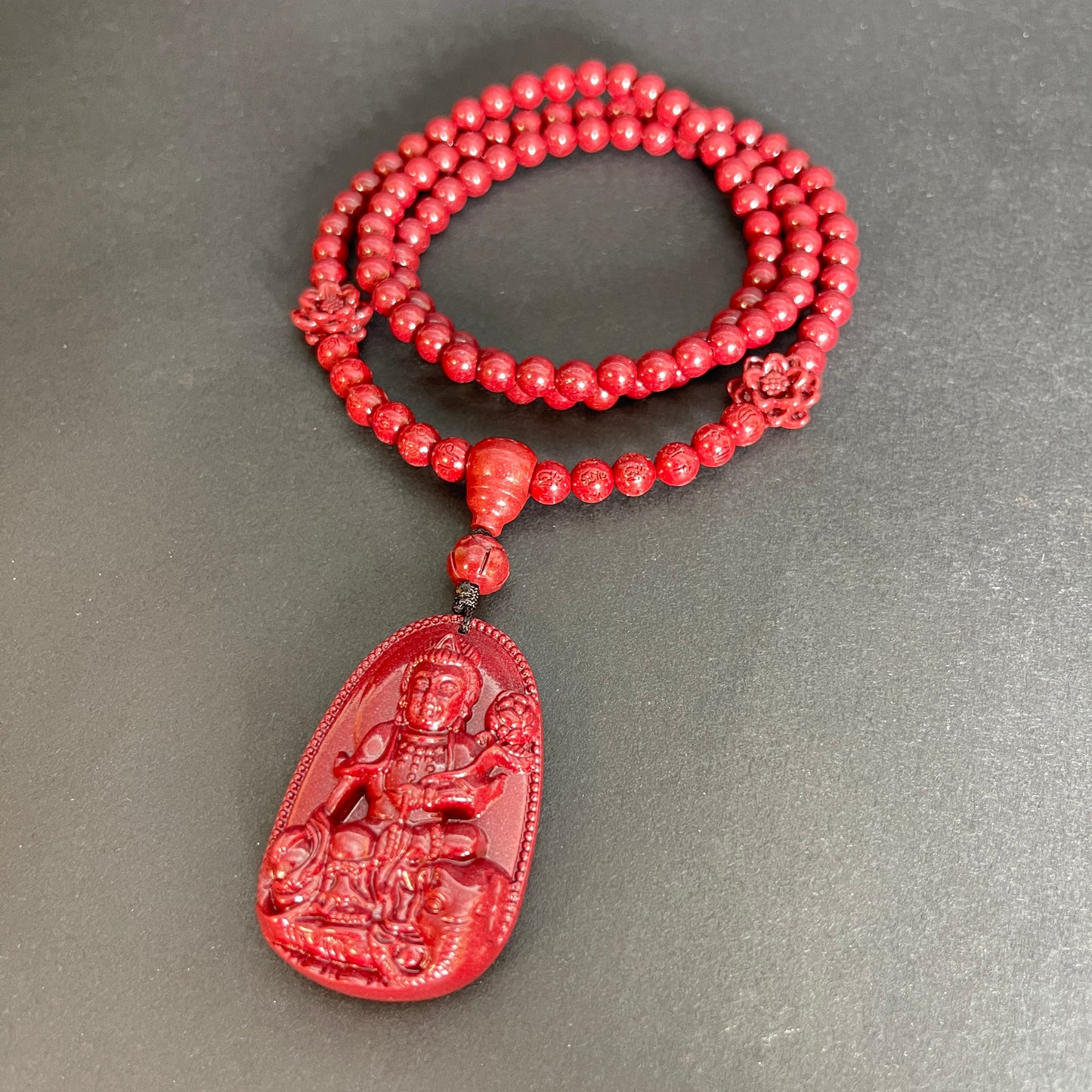 108 Cinnabar Mala Rosary Necklace with Guardian Buddha | Meditation Necklace for Protection & Spiritual Alignment