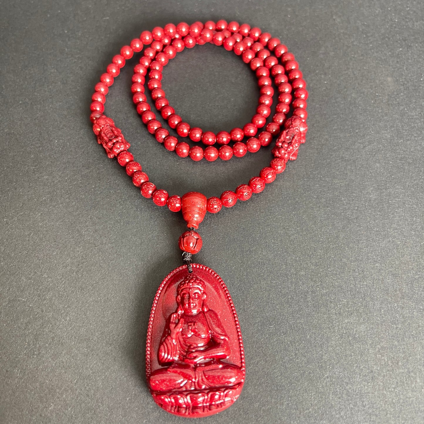108 Cinnabar Mala Rosary Necklace with Guardian Buddha | Meditation Necklace for Protection & Spiritual Alignment