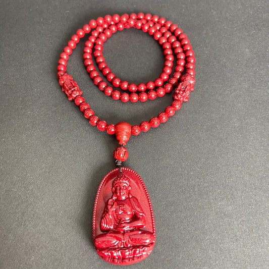 108 Cinnabar Mala Rosary Necklace with Guardian Buddha | Meditation Necklace for Protection & Spiritual Alignment