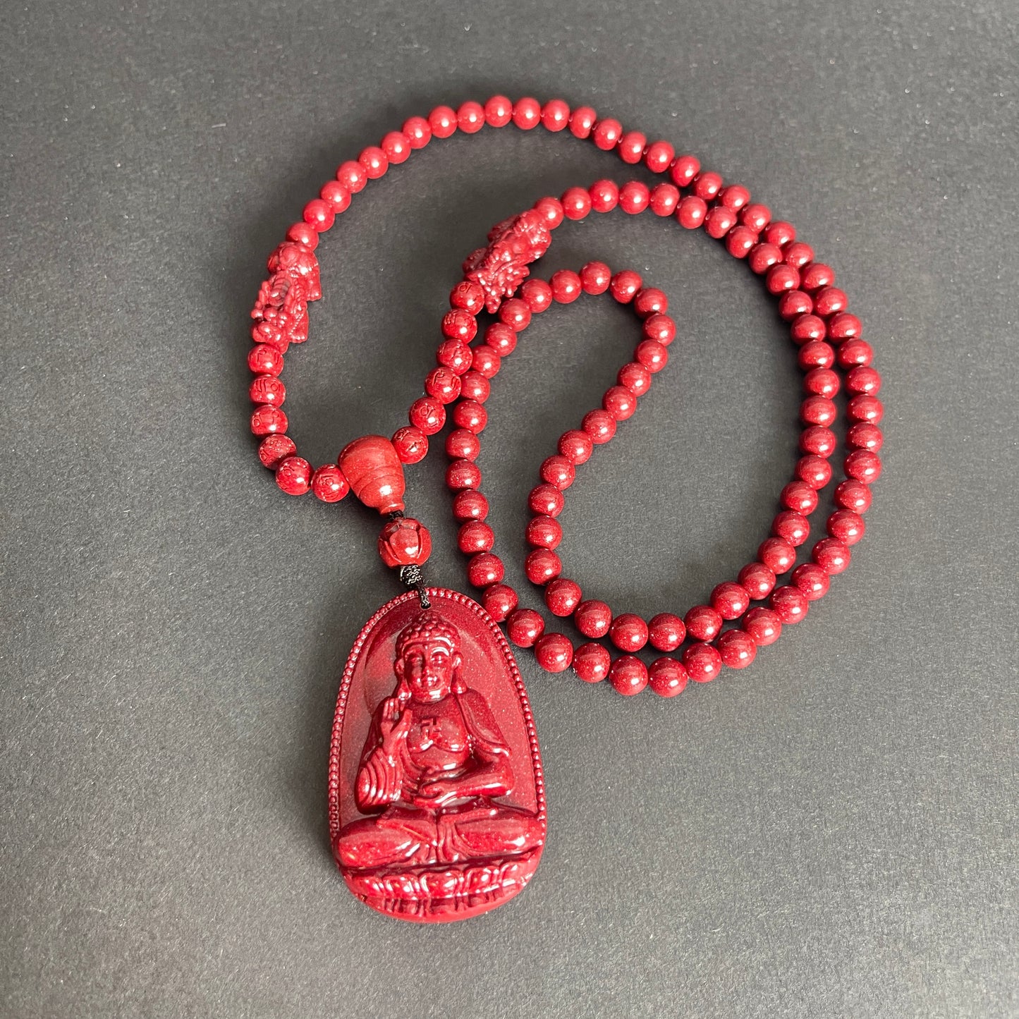 108 Cinnabar Mala Rosary Necklace with Guardian Buddha | Meditation Necklace for Protection & Spiritual Alignment
