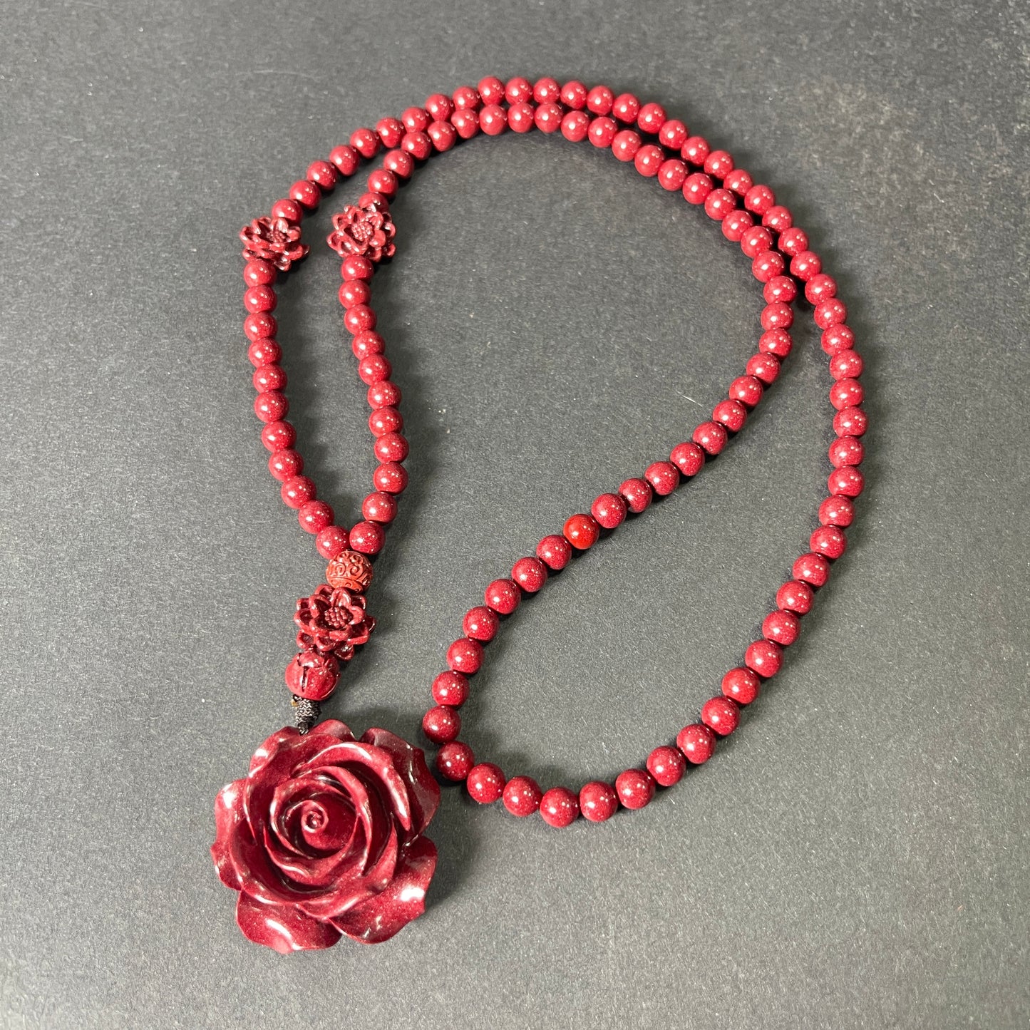 108 Cinnabar Mala Rosary Necklace with Rose Pendant | Love & Protection Meditation Necklace for Spiritual Growth