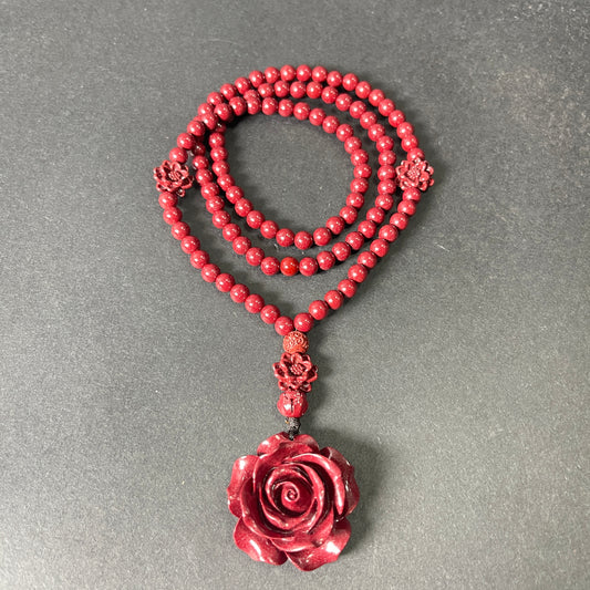 108 Cinnabar Mala Rosary Necklace with Rose Pendant | Love & Protection Meditation Necklace for Spiritual Growth