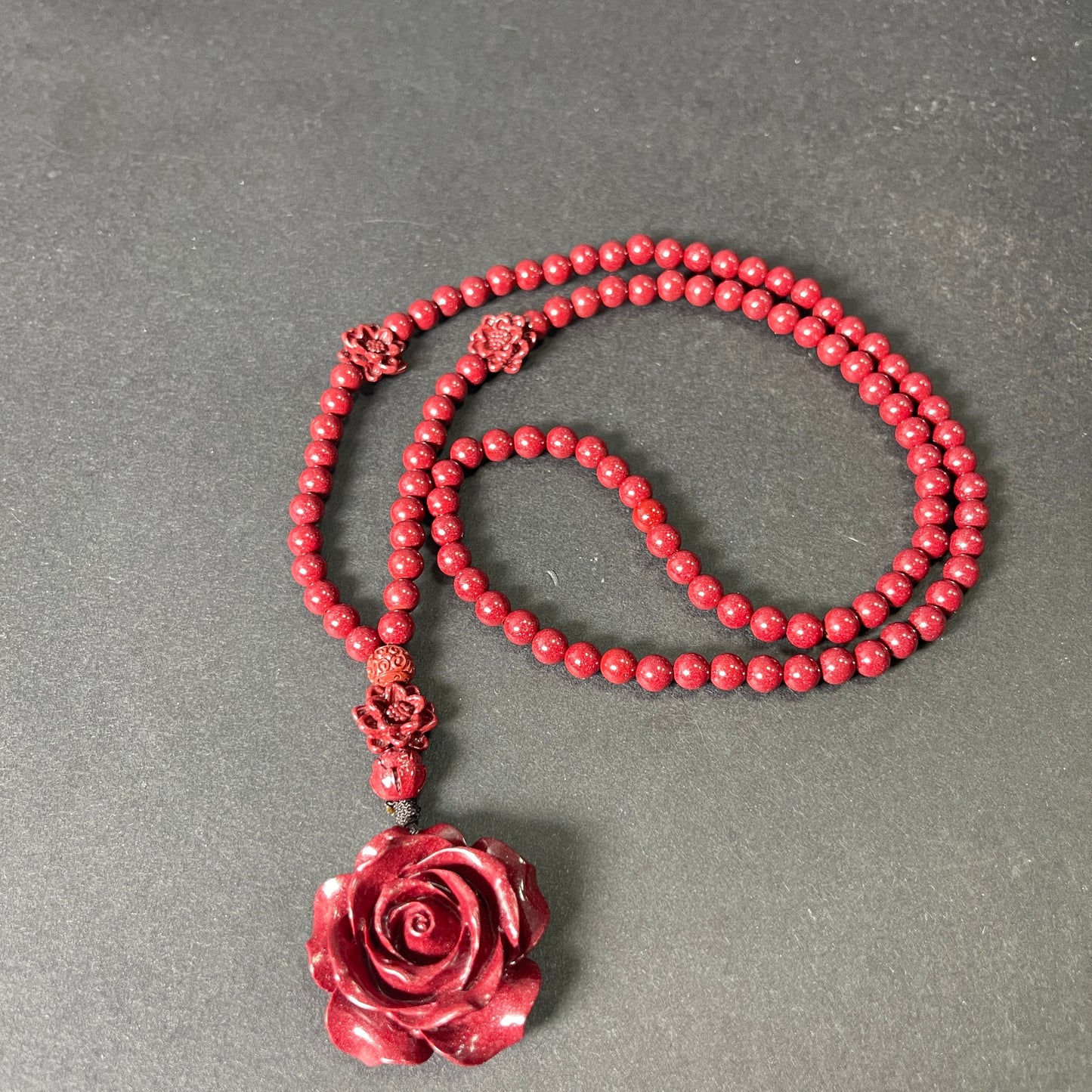 108 Cinnabar Mala Rosary Necklace with Rose Pendant | Love & Protection Meditation Necklace for Spiritual Growth