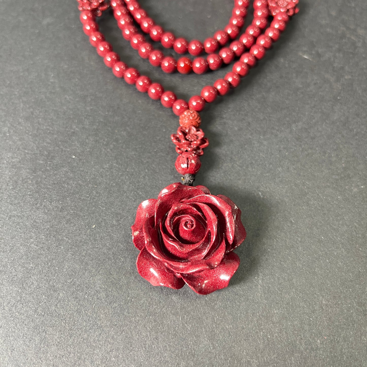 108 Cinnabar Mala Rosary Necklace with Rose Pendant | Love & Protection Meditation Necklace for Spiritual Growth