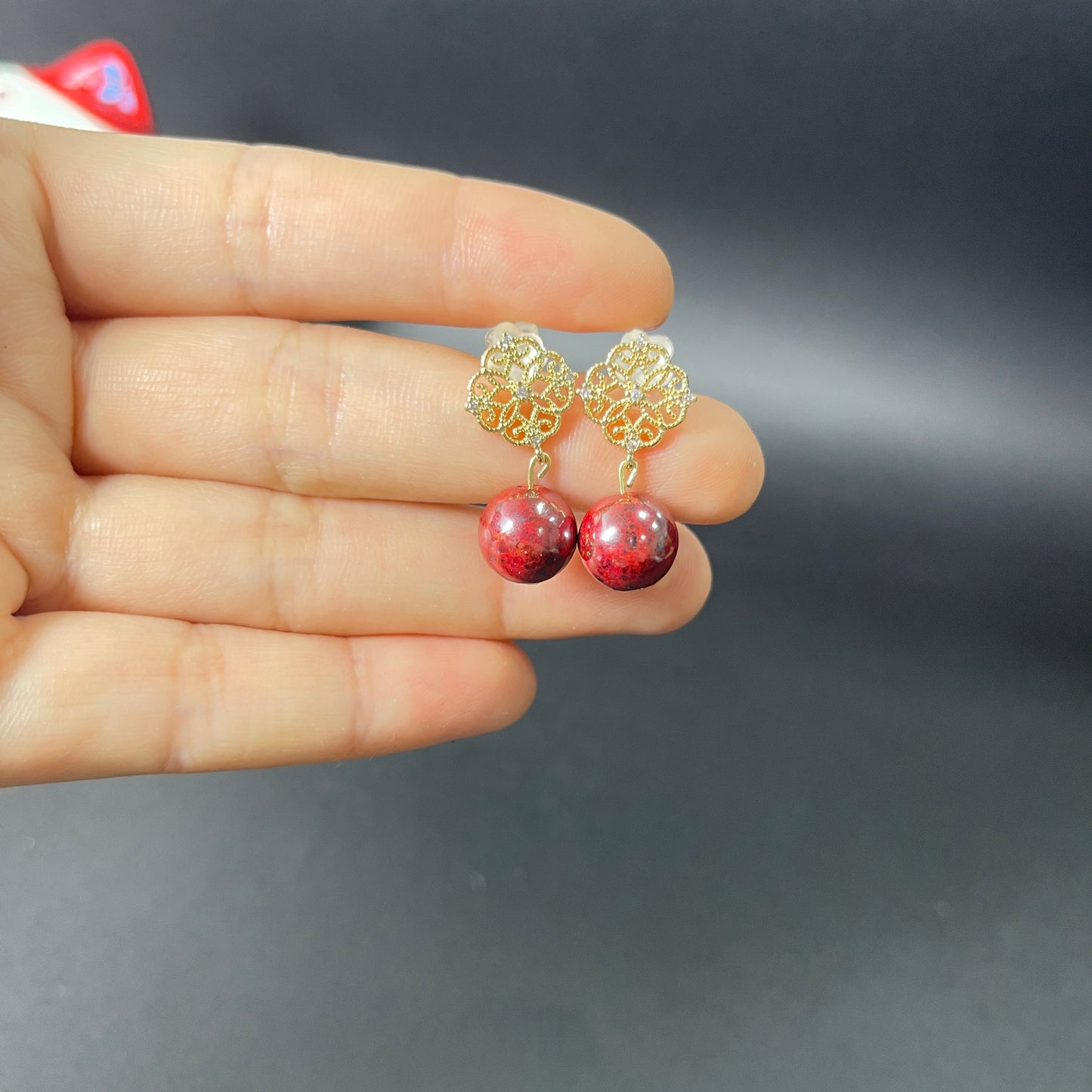 14k Gold & Deep Red Raw Cinnabar Bead Earrings – Deep Red Gemstone Drops for Vitality, Protection & Prosperity