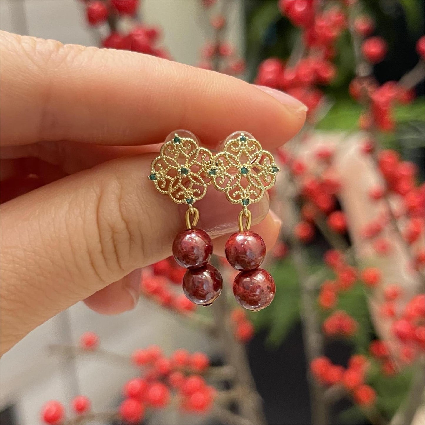 14k Gold & Deep Red Raw Cinnabar Bead Earrings – Deep Red Gemstone Drops for Vitality, Protection & Prosperity