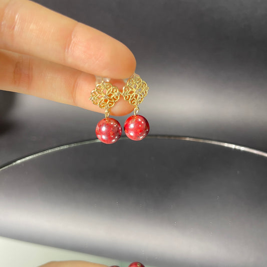 14k Gold & Deep Red Raw Cinnabar Bead Earrings – Deep Red Gemstone Drops for Vitality, Protection & Prosperity