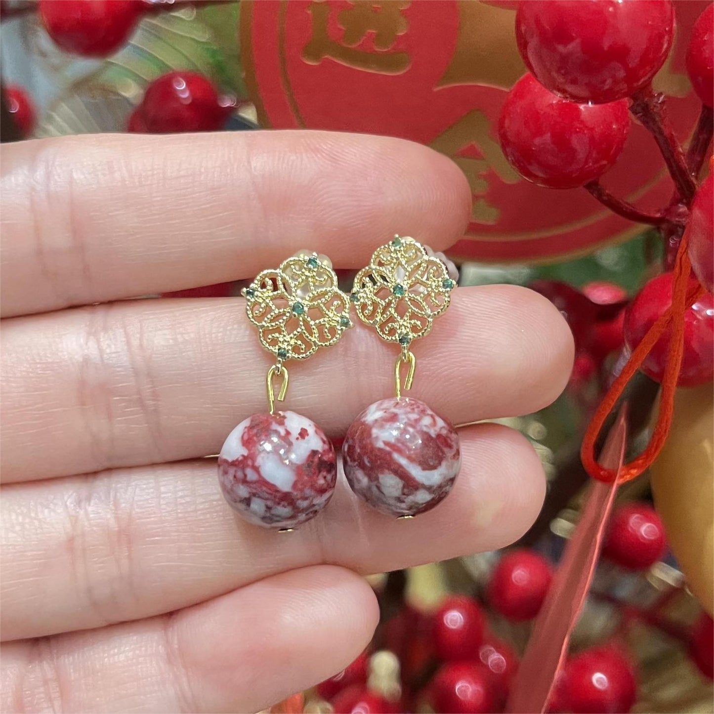 14k Gold & Raw Cinnabar Bead Earrings – Natural Gemstone Drops for Protection, Vitality & Abundance