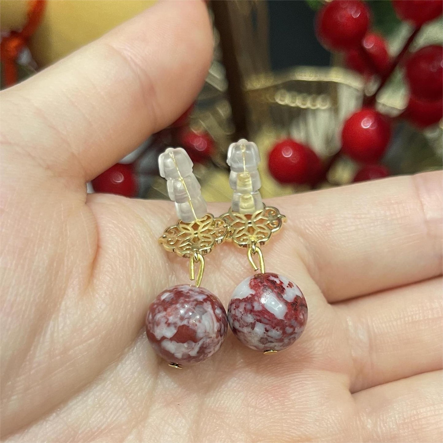 14k Gold & Raw Cinnabar Bead Earrings – Natural Gemstone Drops for Protection, Vitality & Abundance