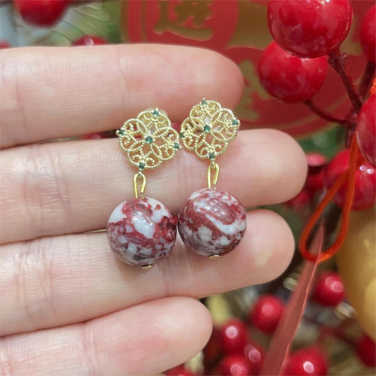14k Gold & Raw Cinnabar Bead Earrings – Natural Gemstone Drops for Protection, Vitality & Abundance