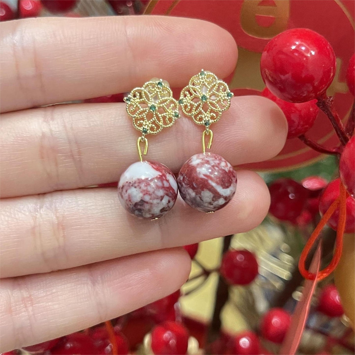 14k Gold & Raw Cinnabar Bead Earrings – Natural Gemstone Drops for Protection, Vitality & Abundance