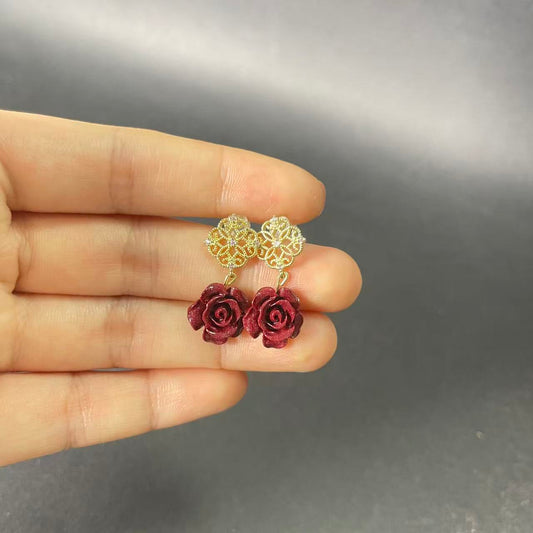 14k Gold Rose Earrings – Minimalist Floral Charm for Love, Prosperity & Positive Energy