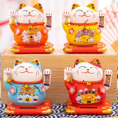 Solar Powered Lucky Cat - 4.5 Inch Waving Maneki Neko for Good Luck & Wealth