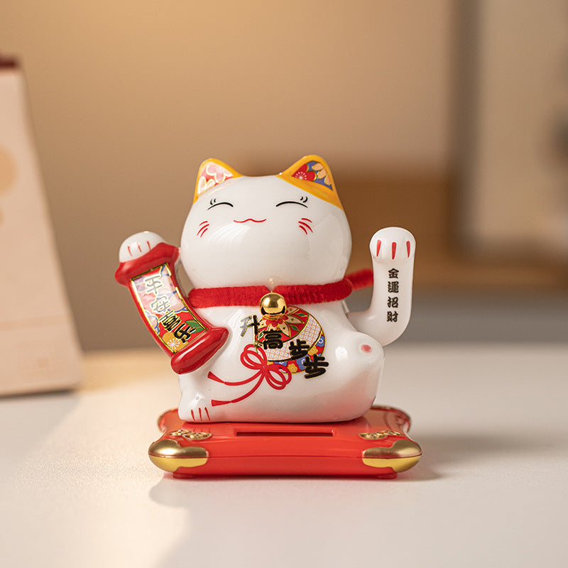 Solar Powered Lucky Cat - 4.5 Inch Waving Maneki Neko for Good Luck & Wealth