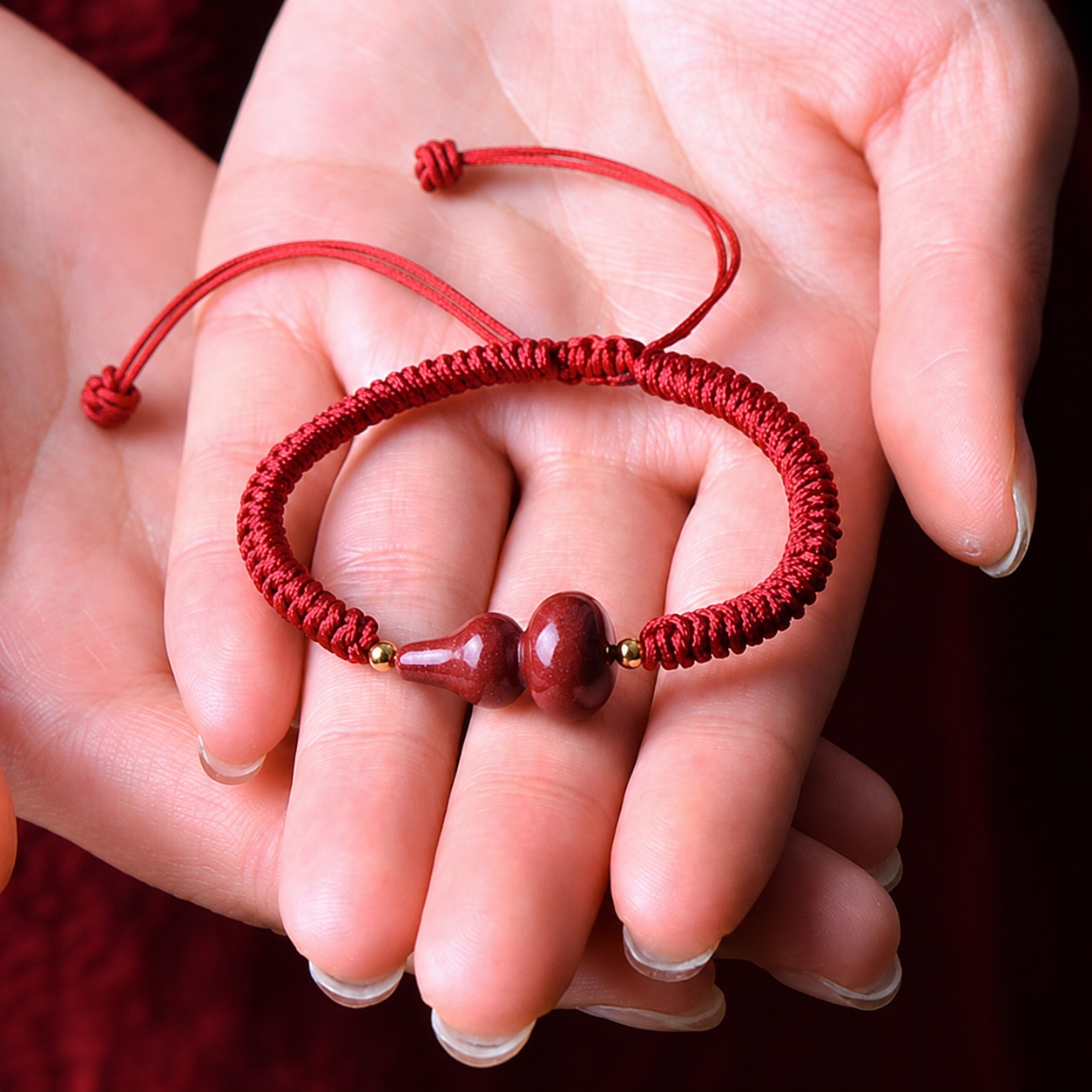Cinnabar Gourd & Red String Bracelet - Symbol of Good Luck, ProteAction, and Prosperity, Adjustable, fits wrist sizes 13cm - 18cm