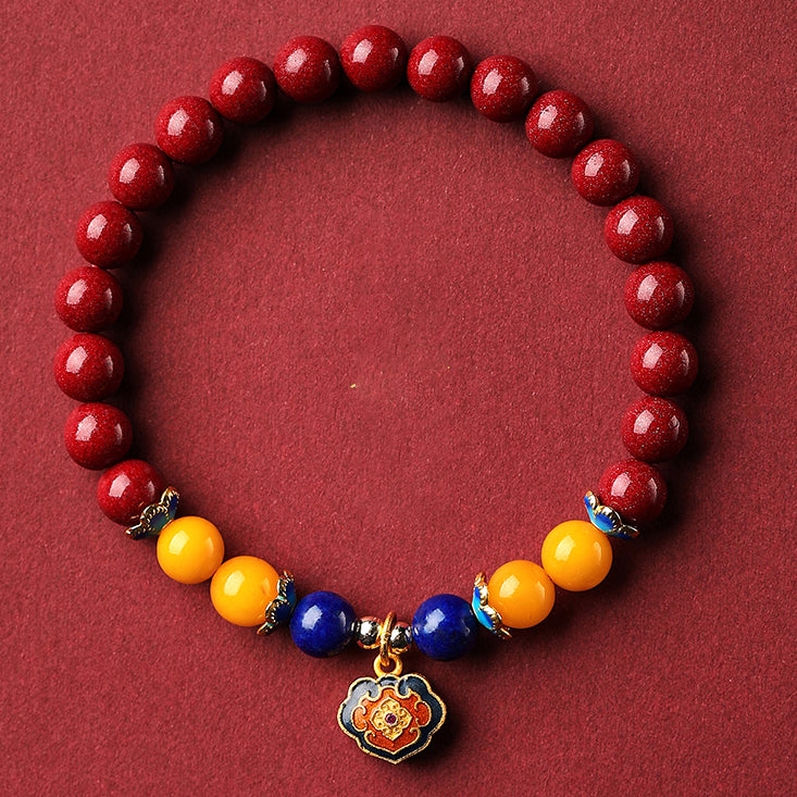 Cinnabar Bracelet with Enamel Longevity Lock, Lapis Lazuli, and Amber – Luck, Health, and Prosperity