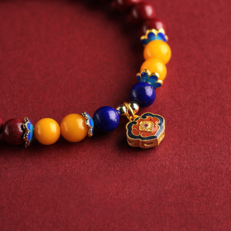 Cinnabar Bracelet with Enamel Longevity Lock, Lapis Lazuli, and Amber – Luck, Health, and Prosperity