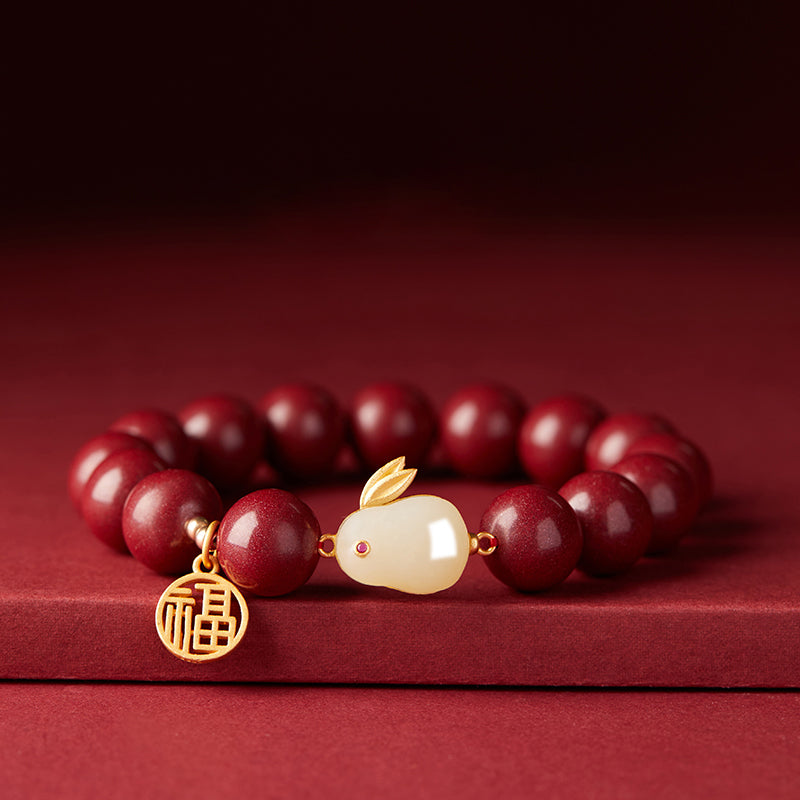 Cinnabar Bracelet with Jade Rabbit, 14K Gold Fortune Charm, and Gold A ...