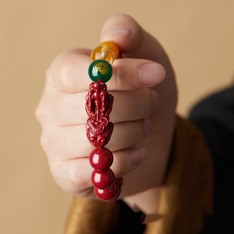 Handgefertigtes Zinnoberarmband mit Pi Xiu und fünf Reichtumsgöttern - Schmuck für Wohlstand, Schutz und Glück