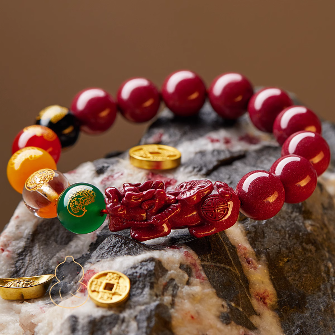 Handgefertigtes Zinnoberarmband mit Pi Xiu und fünf Reichtumsgöttern - Schmuck für Wohlstand, Schutz und Glück
