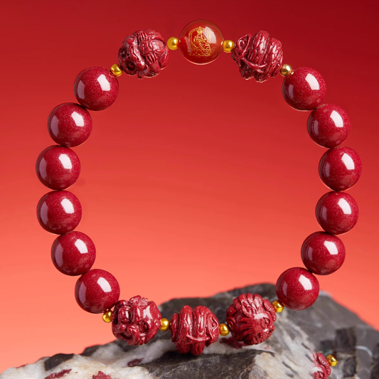 Cinnabar Bracelet with Zodiac Harmony Charms & Gold Beads - Luck, Protection, and Success