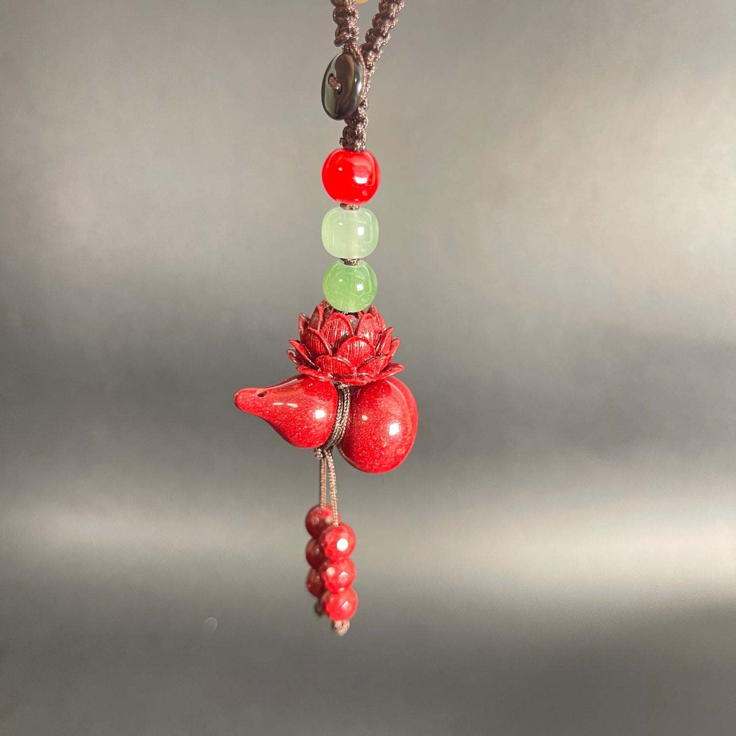 Lotus & Gourd Cinnabar Car Charm – Handmade Energy Accessory for Protection, Clarity & Safe